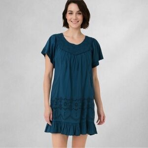 Embroidered Boho Dress Small 100% Cotton Teal Blue Short Summer